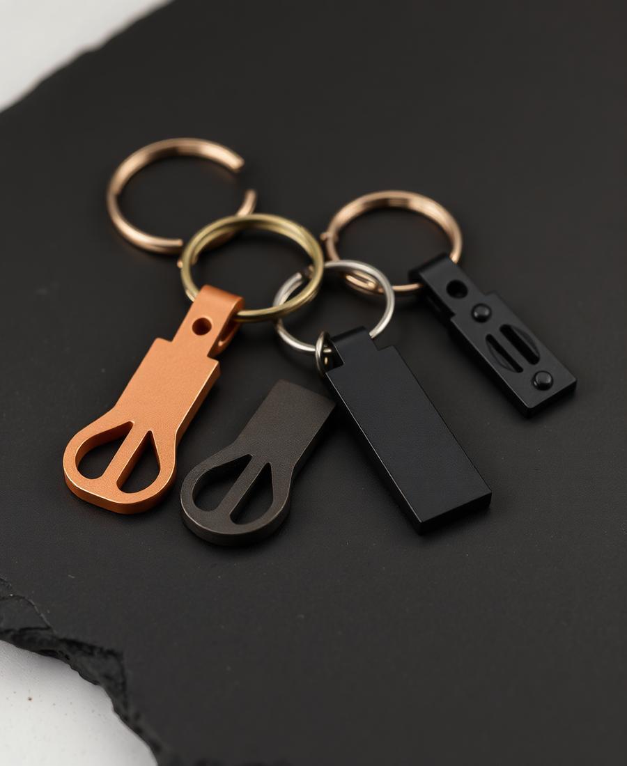Conjunto de chaveiros autorais em preto e cobre