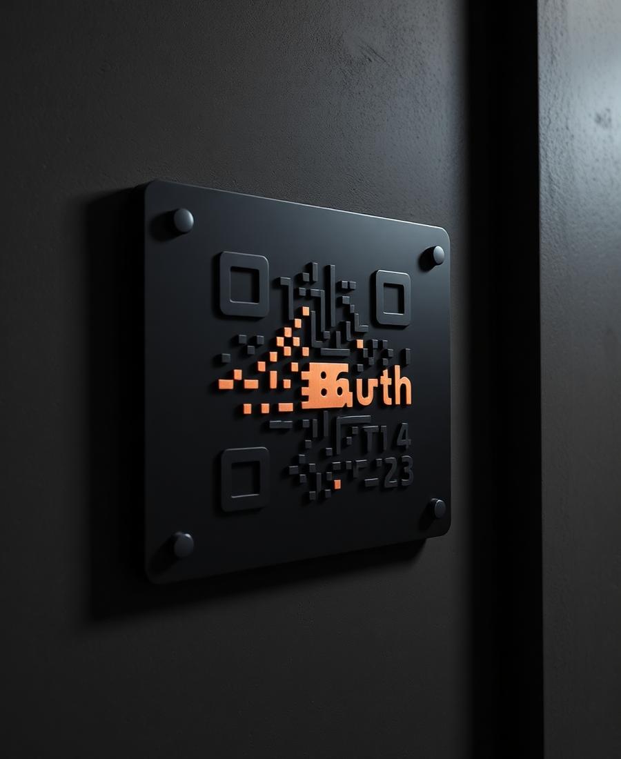 Placa de QR code em relevo com detalhe em cobre